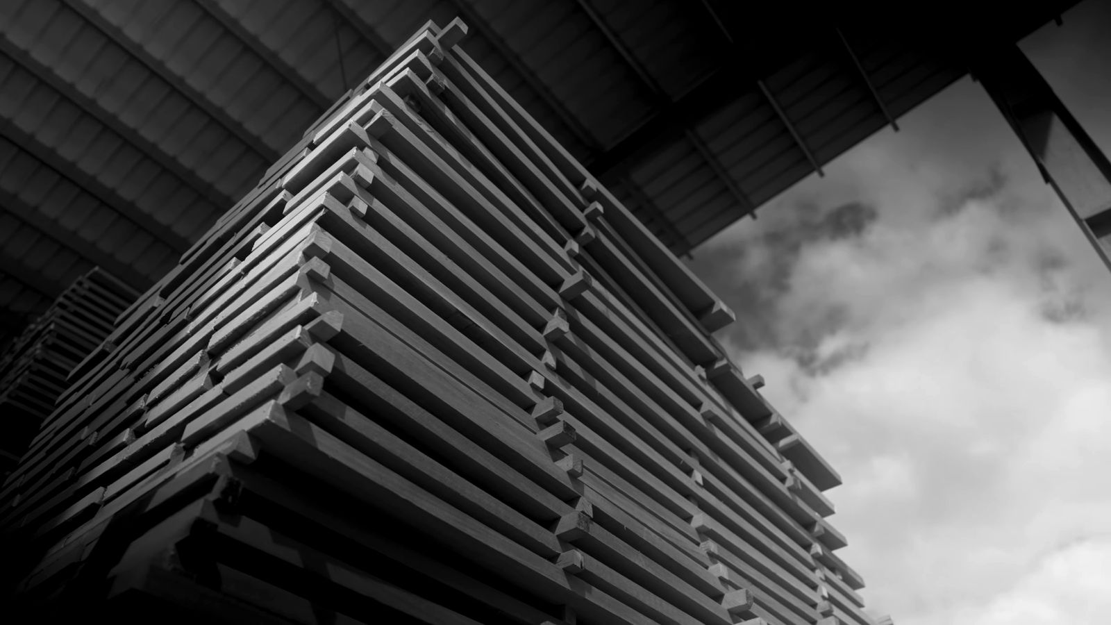 Tablas de teca apiladas contra el cielo, del video de Panama Teak